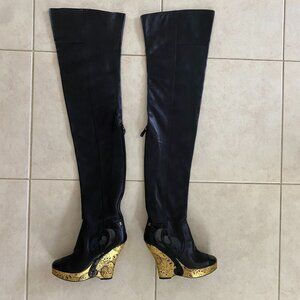 CHANEL Paris-Moscow Thigh-High Cap-Toe Black Leather Boots Size 38.5"